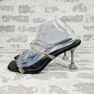 CHASE & CHLOE Double Rhinestone Pyramid Heel Sandal In Black Silver D324